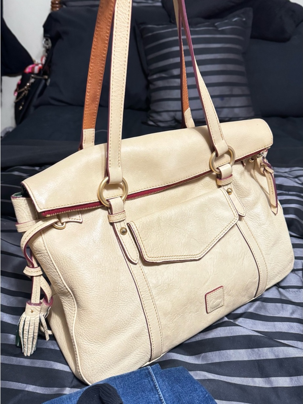 Dooney & Bourke Cream Leather Shoulder Bag with Brown Straps